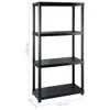 A black plastic shelving unit with four shelves, shown against a white background with dimensions indicated. Náhled obrázku produktu