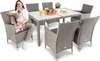 A woman is sitting in a chair holding a dog next to a dining set. Náhľad obrázku produktu