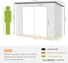 A diagram showing the dimensions of a garden shed, with a silhouette of a person for scale. Produktbild-Vorschau