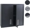 A dark gray metal cabinet with two doors, one of which is slightly ajar, revealing a shelf inside. The cabinet has a textured surface and silver handles. A key is in the lock of the open door. Three circular swatches showing different shades of gray are vi Voir les images du produit