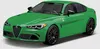 A green Alfa Romeo Giulia Quadrifoglio car is shown from a three-quarter front angle against a white background. Voir les images du produit