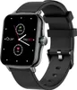 A black smartwatch with a black strap is shown against a white background. The watch face displays the time, date, weather, step count, and heart rate.