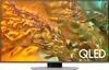 A Samsung QLED television displaying a colorful abstract image, placed on its stand. Produktbild-Vorschau