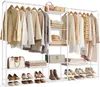 A white metal garment rack filled with various clothing items, shoes, and accessories. Náhled obrázku produktu