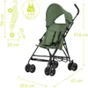 A product image showing a green stroller with dimensions and weight information displayed. Produktbild-Vorschau