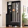An entryway organizer with shelves, hooks, and a bench. Produktbild-Vorschau
