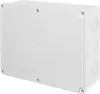 A white electrical junction box with multiple circular knockouts on one side, shown from a diagonal angle. Produktbild-Vorschau