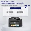 A printer is displayed on a pedestal with text about printer compatibility. Produktbild-Vorschau