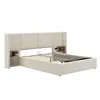 A beige upholstered bed frame with integrated nightstands and a slatted mattress support. Náhled obrázku produktu