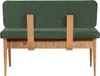 A close-up, front-facing view of a green upholstered bench with wooden accents. Voir les images du produit