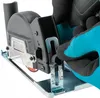 A close-up shot of a person wearing turquoise gloves, holding a mini circular saw with a depth gauge. Produktbild-Vorschau