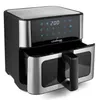 A black and silver air fryer with its drawer partially open, displayed on a white background. Produktbild-Vorschau