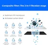 Diagram illustrating a two-stage composite filter with sediment PP membrane and activated carbon block, showing the filtration of various impurities like dirt, dust, sand, chlorine, taste and odor, colloids, large particles, suspended solids, and rust. Anteprima dell’immagine prodotto