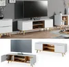 A collage of images showing a white and wood-tone TV stand with doors and shelves, displayed in different angles and with doors open. Náhľad obrázku produktu