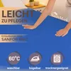 A person's hands are shown on a blue surface, with text overlays and icons indicating product features. Produktbild-Vorschau