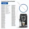 A DeLonghi coffee machine with a list of compatible models and a diagram of a milk frother tube. Produktbild-Vorschau