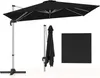 A black rectangular cantilever umbrella is shown in an open state, a folded state, and as a flat square shape, all against a white background. Náhled obrázku produktu