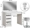 A vanity table with drawers and a mirror, along with a stool and measurement diagrams. Produktbild-Vorschau