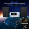 A MEDION micro audio system with two speakers is displayed against a backdrop of the Earth at night, with stars and a sunrise visible. Produktbild-Vorschau