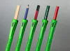 Five green pencil holders, each with a different writing instrument inside, are arranged diagonally against a light gray background. Produktbild-Vorschau