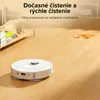 A white robot vacuum cleaner is shown on a wooden floor next to a shelf with books and decorative items. There is a spill on the floor near the vacuum. Náhľad obrázku produktu