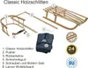 An exploded view of a wooden sled with its components labeled, along with marketing badges. Produktbild-Vorschau