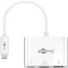 A white USB-C hub with multiple ports and a white cable connected to a USB-C connector. Produktbild-Vorschau