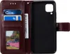 A brown leather flip case for a smartphone is shown open, revealing card slots and a picture window. Produktbild-Vorschau