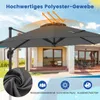 A large gray cantilever umbrella is shown in an outdoor setting with a house and pool in the background. The umbrella fabric is also shown in a close-up inset. Náhled obrázku produktu
