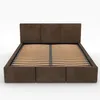 A brown upholstered bed frame with a slatted base, shown from the front on a white background. Podgląd zdjęcia produktu