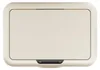 A top-down view of a cream-colored trash can with a black sensor panel at the bottom. Voir les images du produit