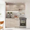 A modern, compact kitchen setup with light wood cabinets, a sink, a stove, and under-cabinet lighting. Produktbild-Vorschau