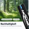 A battery in a forest setting with sustainability icons and text. Produktbild-Vorschau