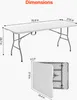 A white folding table is shown in two views: one fully assembled and one folded. Dimensions are indicated with text and arrows. Produktbild-Vorschau