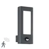 A dark gray outdoor LED wall light with a motion sensor is shown against a white background. A small icon of a person with motion waves is present to the left. Produktbild-Vorschau
