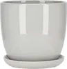 A gray ceramic plant pot with a matching saucer, shown from the front. Náhled obrázku produktu