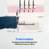 Close-up of a sewing machine with fabric being fed into it, and text describing its features. Produktbild-Vorschau