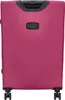 The back of a pink suitcase with wheels and a handle. Produktbild-Vorschau