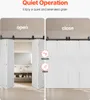 A split image showing a white folding sliding door system in both open and closed positions, with text overlays highlighting its features. Náhled obrázku produktu
