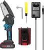A collection of tools for gardening and woodworking, including a mini chainsaw, battery, charger, and accessories, laid out on a white background. Podgląd zdjęcia produktu