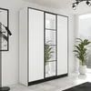 A modern white wardrobe with black trim and mirrored panels, set in a bright, minimalist room with a floor lamp and potted plants. Produktbild-Vorschau