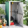 A green metal garden shed with its doors open, displaying various gardening tools inside and plants outside. Náhľad obrázku produktu