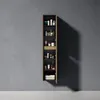 A tall, narrow cabinet with its door slightly ajar, filled with various toiletries and towels, is placed against a textured gray wall. Anteprima dell’immagine prodotto