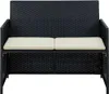 A black rattan two-seater garden sofa with beige cushions, shown from the front against a white background. Náhľad obrázku produktu