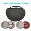 A black headset storage bag is shown open, revealing two pairs of headphones inside, one pink and one red. The bag is a hard-shell case with a zipper closure and a carrying handle. Produktbild-Vorschau