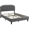 A dark gray upholstered bed frame with a tufted headboard and wooden slats for mattress support, shown against a white background. Produktbild-Vorschau