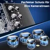 A smartphone with multiple camera lenses is shown with water splashing around it, and several individual camera lens protectors are displayed in the foreground with blue lightning effects. Produktbild-Vorschau