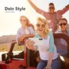 Four friends are taking a selfie in a red jeep on a sunny day. Produktbild-Vorschau