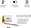 A small lithium polymer battery with its protective circuit module (PCM) and marketing text describing its features. Produktbild-Vorschau