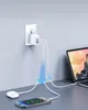 A white multi-port charger plugged into a wall outlet, with cables connecting to a laptop, smartphone, and wireless earbuds. Produktbild-Vorschau